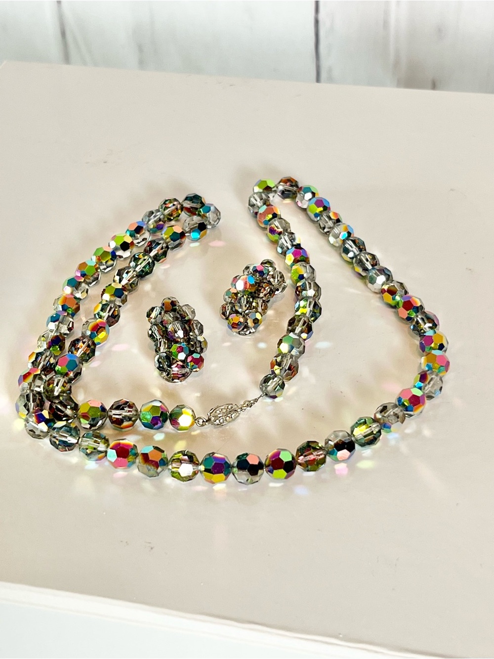 VINTAGE Aurora Borealis Iridescent Crystal Bead Necklace & Clip Earrings Set